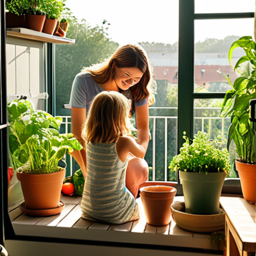 Home 19 ** A cozy apartment balcony overflowing with potted plants and vegetables. A family (parents and two children) are happily tending to the garden, using a small, enclosed composter. Sunlight streams through, highlighting the vibrant greenery and sense of family connection.
**