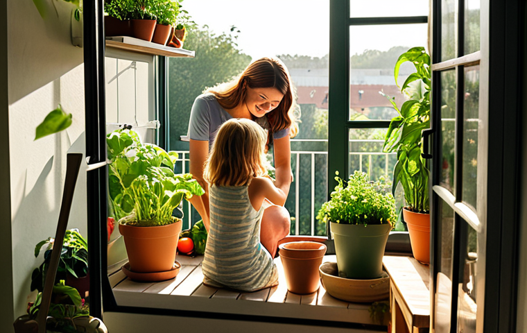 ** A cozy apartment balcony overflowing with potted plants and vegetables. A family (parents and two children) are happily tending to the garden, using a small, enclosed composter. Sunlight streams through, highlighting the vibrant greenery and sense of family connection.

**