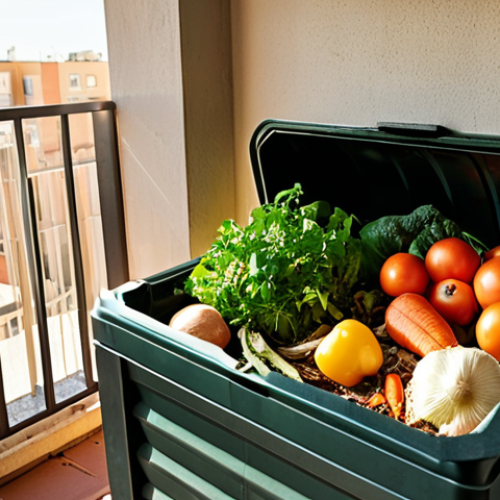 Home 18 A compost bin in an apartment balcony with various vegetable scraps; sunlight streaming in, good ventilation, and easy access emphasized.