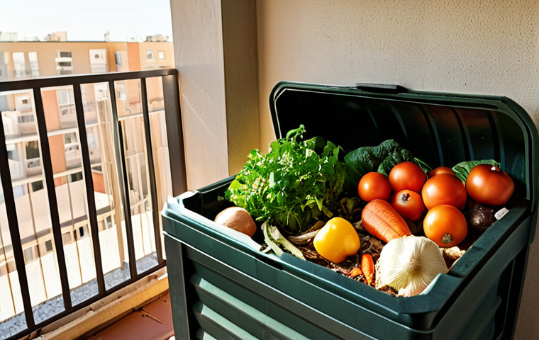 A compost bin in an apartment balcony with various vegetable scraps; sunlight streaming in, good ventilation, and easy access emphasized.